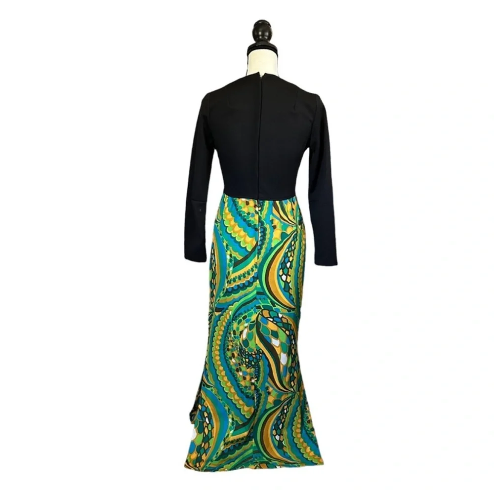 VTG 60s Psychedelic Swirl Empire Waist Maxi Dress Long Sleeve Union Tag Size 7